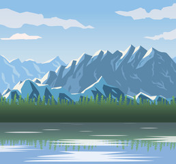 Poster - realistic landscape background of snowy mountains and lake vector illustration