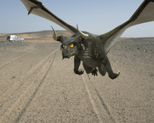 Grey Dragon Flying Over Desert Background 3d Illustration