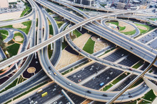 Scenic Aerial View Of Big Highway Intersection In Dubai, UAE, At Daytime. Transportation And Communications Concept.