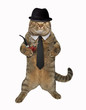 The cat dandy is holding a pipe. White background.