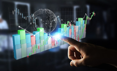 Aufkleber - Businessman using digital 3D rendered stock exchange stats and charts