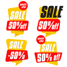 Set Of Yellow Sale Tags Isolated On Background. 50% Off, Half Price, Special Offer. Sale Banner Design. Vector