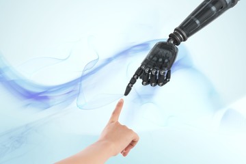 Poster - Human and robot touching their fingers in blue background
