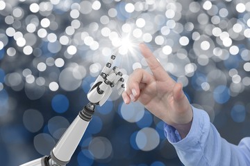 Poster - Human and robot touching their fingers in blue background