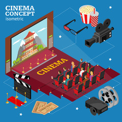 Poster - Cinema Concept Movie Interior Auditorium Isometric View. Vector