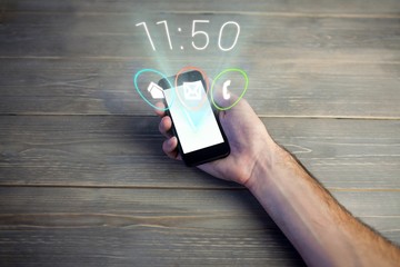 Poster - Hands holding a photo with digital icons