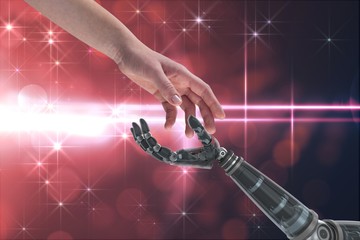 Poster - Human and robot touching their hands in red background
