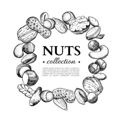 Wall Mural - Nuts vector vintage frame illustration. Hand drawn engraved food objects.