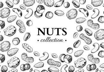 Wall Mural - Nuts vector vintage frame illustration. Hand drawn engraved food objects.