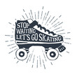 Hand drawn 90s themed badge with roller skates textured vector illustration and 