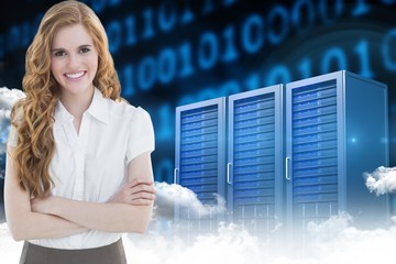 Poster - Business woman with arm crossed against the server room