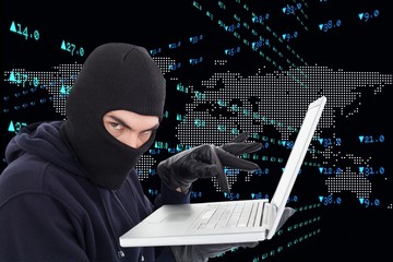 Poster - hacker using his laptop against worlds map