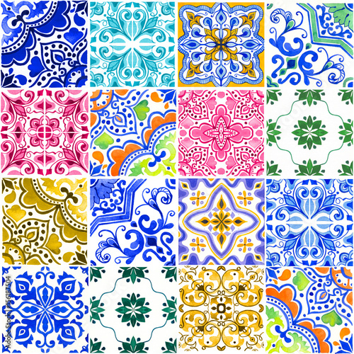 Naklejka dekoracyjna Seamless pattern with with Portuguese tiles. Watercolor illustration of Azulejo on white background. Multicolor design.