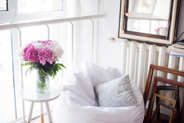 Wall Mural - home decoration, fresh pink peonies on coffee table in white roo