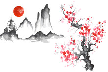 Japan Traditional Japanese Painting Sumi-e Art Sakura