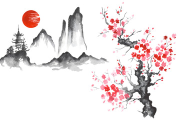 Fotomurales - japan traditional japanese painting sumi-e art sakura