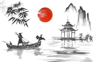 Fotomurales - Japan Traditional japanese painting Sumi-e art Japan Traditional japanese painting Sumi-e art Man with boat
