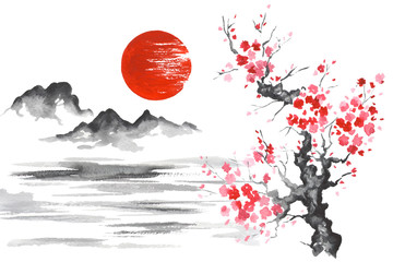 Fotomurales - Japan Traditional japanese painting Sumi-e art Sun Mountain Sakura Lake
