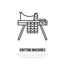 Knit Shop Line Logo. Yarn Store Flat Sign, Illustration Of Knitting Machine With Yarn Pattern.