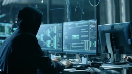 Aufkleber - Nonconformist Teenage Hacker Girl Attacks Corporate Servers with Virus. Room is Dark, Neon and Has Many Displays and Cables. Shot on RED EPIC-W 8K Helium Cinema Camera.