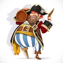 Old Pirate With A Wooden Leg Holding A Keg Of Rum And Pistol Isolated On A White Background