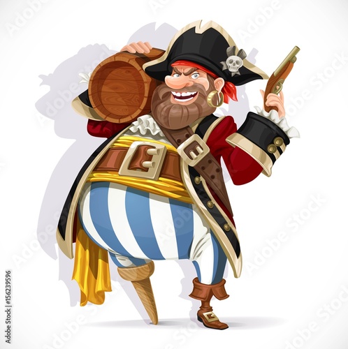 Fotografija Old pirate with a wooden leg holding a keg of rum and pistol isolated on a white
