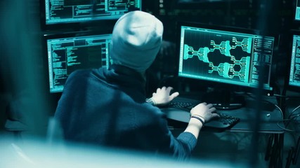 Aufkleber - Back View of Teenage Hacker Infecting with Virus Data Servers of Government. His Hideout is Dark with Many Monitors Around.Shot on RED EPIC-W 8K Helium Cinema Camera.