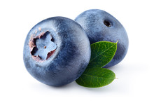 Blueberry. Two Fresh Blueberries With Leaves Isolated On White Background. With Clipping Path.