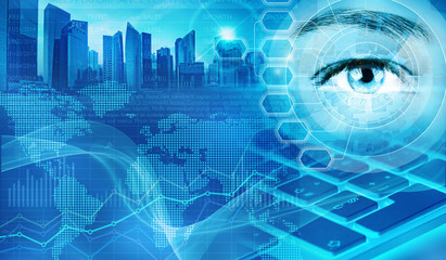 Fototapete - eye and skyscrapers in abstract financial background