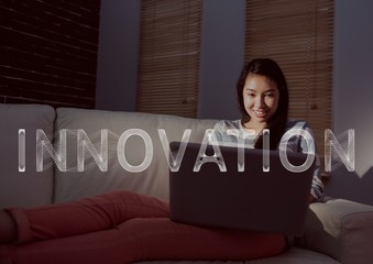 Poster - White innovation text and woman on couch with laptop