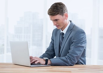 Poster - Businessman on laptop against bright windows with city