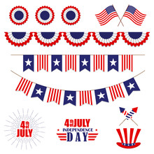 Vector Set Of Decoration For 4th Of July. Bunting For USA Independence Day. Isolated On White.