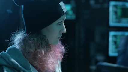 Aufkleber - Nonconformist Teenage Hacker Girl with Pink Hair Attacks Corporate Servers with Virus. Room is Dark, Neon  and Has Many Displays. Shot on RED EPIC-W 8K Helium Cinema Camera.