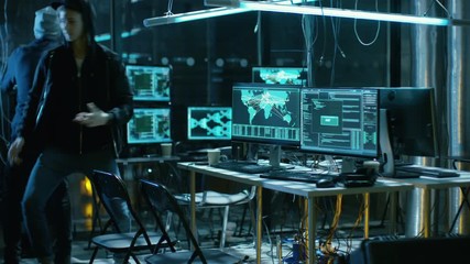 Aufkleber - Group Of Internationally Wanted Hackers Run From from They're Busted Hideout. Place Has Many Displays and Cables, Dark Neon.
