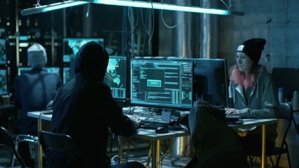 Aufkleber - Team of Internationally Wanted Teenage Hackers Infect Servers and Infrastructure with Malware. Their Hideout is Dark, Neon Lit and Has Multiple displays. Shot on RED EPIC-W 8K Helium Cinema Camera.