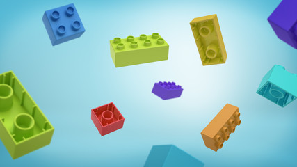 Fototapete - 3d rendering of a many multicolored rectangle toy blocks building blocks falling from above on blue background.