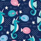 Fototapeta Dinusie - seamless sea horses and fishes pattern vector illustration