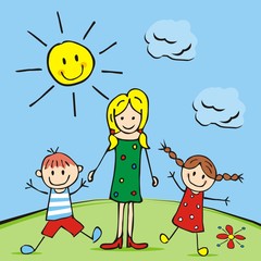 Wall Mural - Lady and kids on meadow, vector icon, on background is sun and clouds