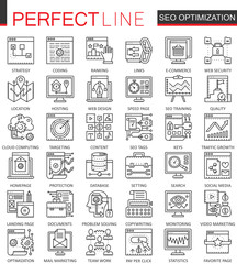 Aufkleber - SEO Search Engine Optimization outline concept symbols. Perfect thin line icons. Modern stroke linear style illustrations set.