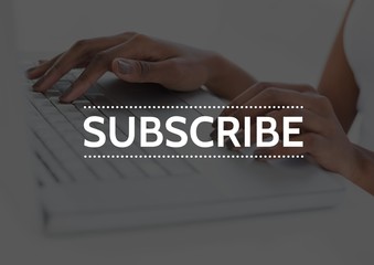 Poster - Subscribe text against hands on laptop with dark overlay