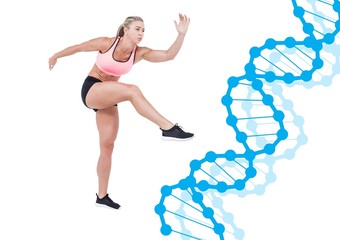 Sticker - sporty woman with blue dna chain. White background