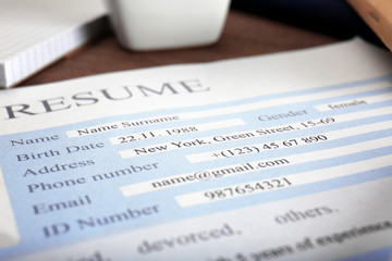 Canvas Print - Resume form on table, closeup