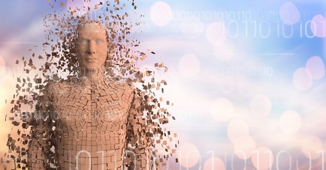 Poster - White binary code and orange male AI against blue orange bokeh