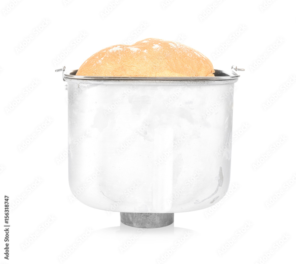 Baking pan with fresh homemade bread on white background