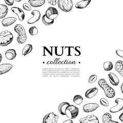 Wall Mural - Nuts vector vintage frame illustration. Hand drawn engraved food objects.