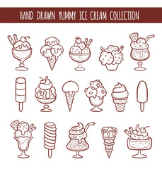 Set of 16 hand drawn vector ice cream illustrations isolated on white. Cones and ice creams made in doodle style.