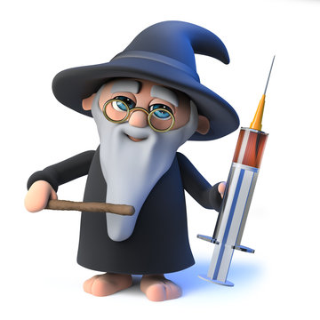 3d Funny cartoon wizard magician character holding a medical syringe