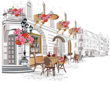 Series of backgrounds decorated with flowers, old town views and street cafes. Hand drawn Vector Illustration.