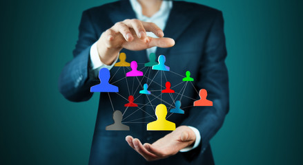 Businessman using hand drawn social network interface