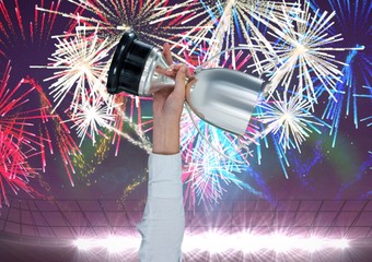 Poster - business hand with trophy, stadium with faireworks